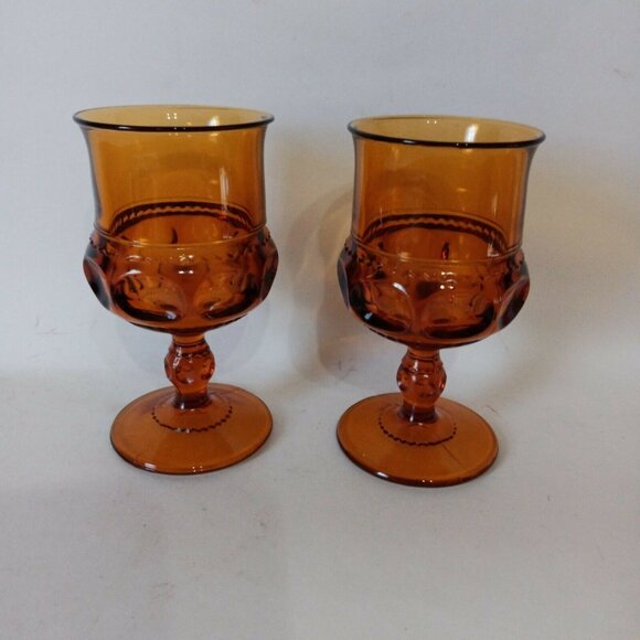 Vintage 1970s Indiana Glass Kings Crown Amber Wine Goblets Set Of 2 Retro Decor - Picture 5 of 5
